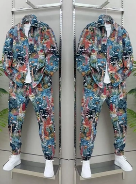 聚客潮牌男装2025秋季海底世界针织燕尾衬衫外套休闲运动裤两件套