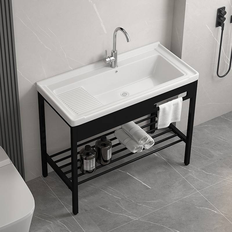 不锈钢支架台盆洗手盆带搓板 陶瓷洗衣盆 阳台超深洗衣槽水池脸盆