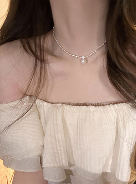 高级感碎银子珍珠项链女士轻奢小众气质锁骨链简约百搭颈链配饰品