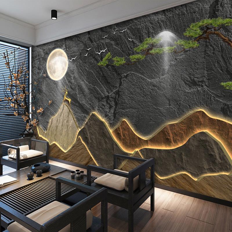 新中式茶室墙纸3D立体假山背景墙壁画客厅迎客松墙布酒店大堂壁纸