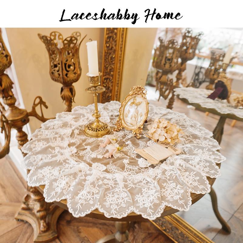 LACESHABBY新款法式复古风格白色玫瑰绣花蕾丝桌旗桌布盖巾1