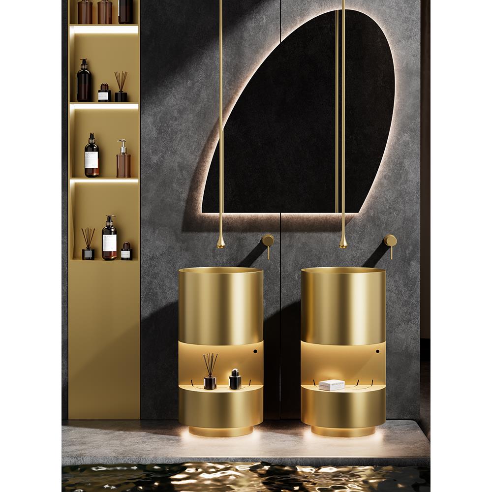 金色圆形立柱式洗手盆卫生间落地式洗脸盆酒店台盆不锈钢立柱盆