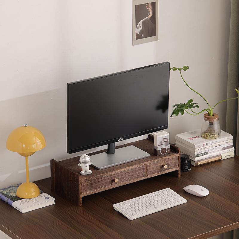 纯实木桌面电脑显示器增高架木质带抽屉收纳置物办公室护颈免组装