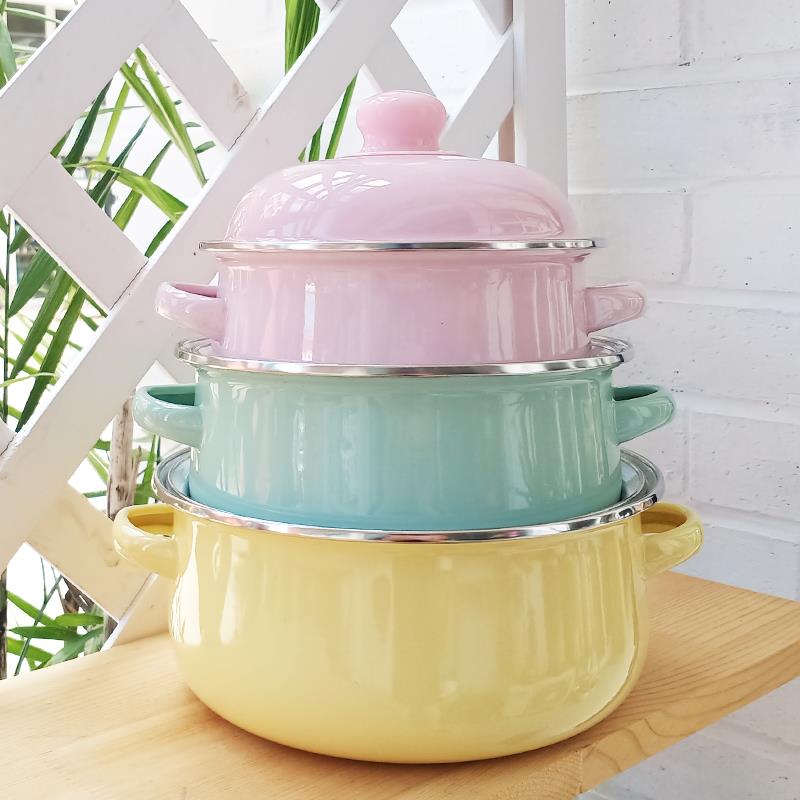 糖果色搪瓷汤锅16cm18cm20cm搪瓷炖锅1L2L小火锅三件套加厚锅带盖