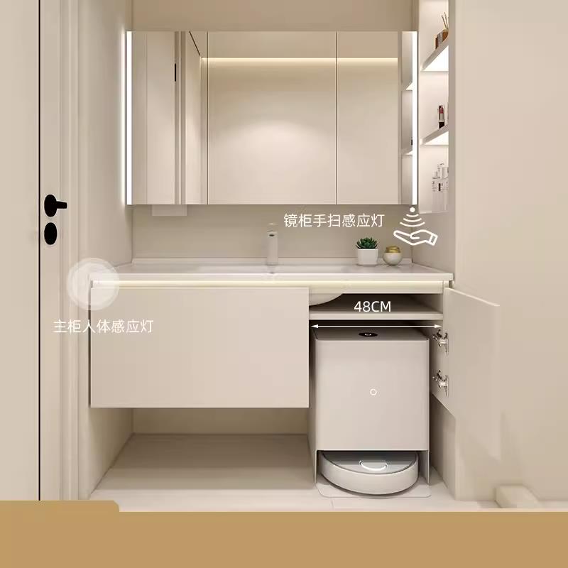奶油风75/85/95/105/115cm陶瓷一体盆洗漱台实木浴室柜扫地机器人