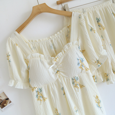 纱布带胸垫睡衣夏天薄款套装全棉麻202新款夏季家居服