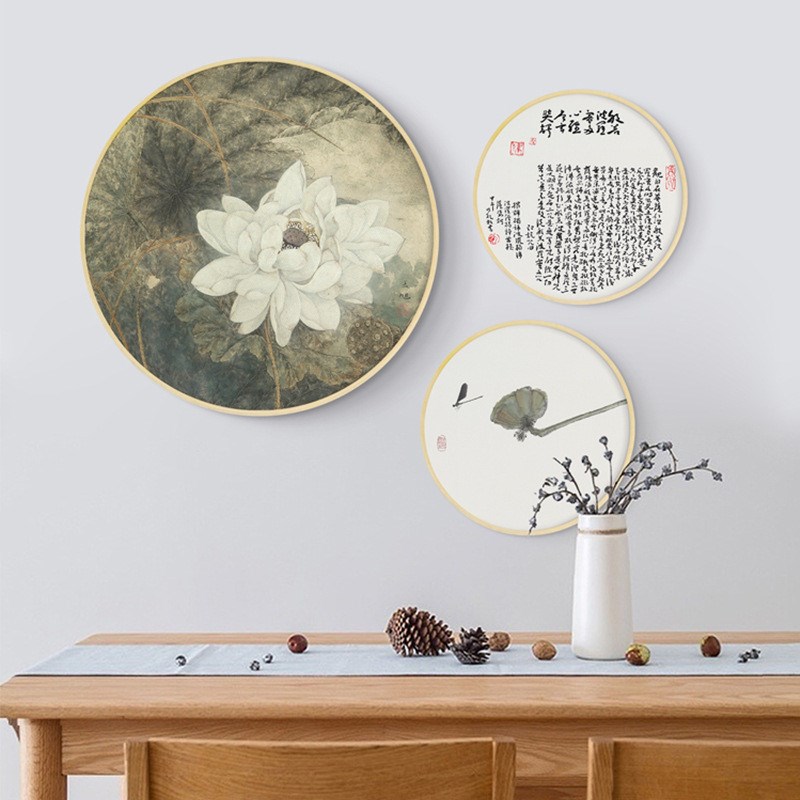 新中式实木圆形框装饰画卧室床头墙画植物花鸟客厅挂画荷花图片