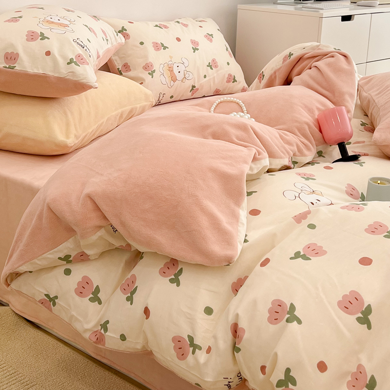 速发冬季瑚b面纯棉牛奶绒床上四件套全棉加珊面绒a法兰绒床品