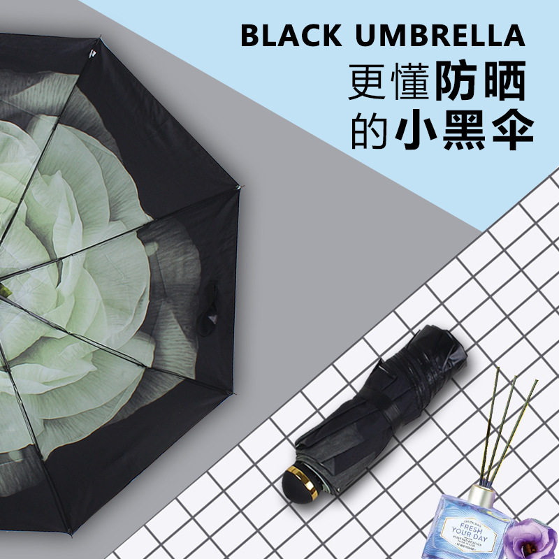 现货速发防晒小黑伞黑胶晴雨两用太伞防紫外线双层遮伞内有花朵图