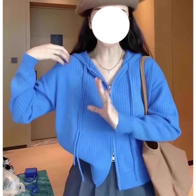 速发拉莱因蓝双配链连帽毛衣春秋内搭克大衣针织开衫短款上衣