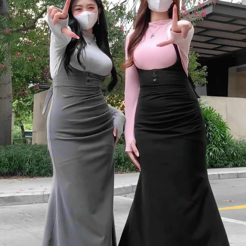 速发裙件装纯欲风包臀连衣大高腰鱼尾背带裙两码套