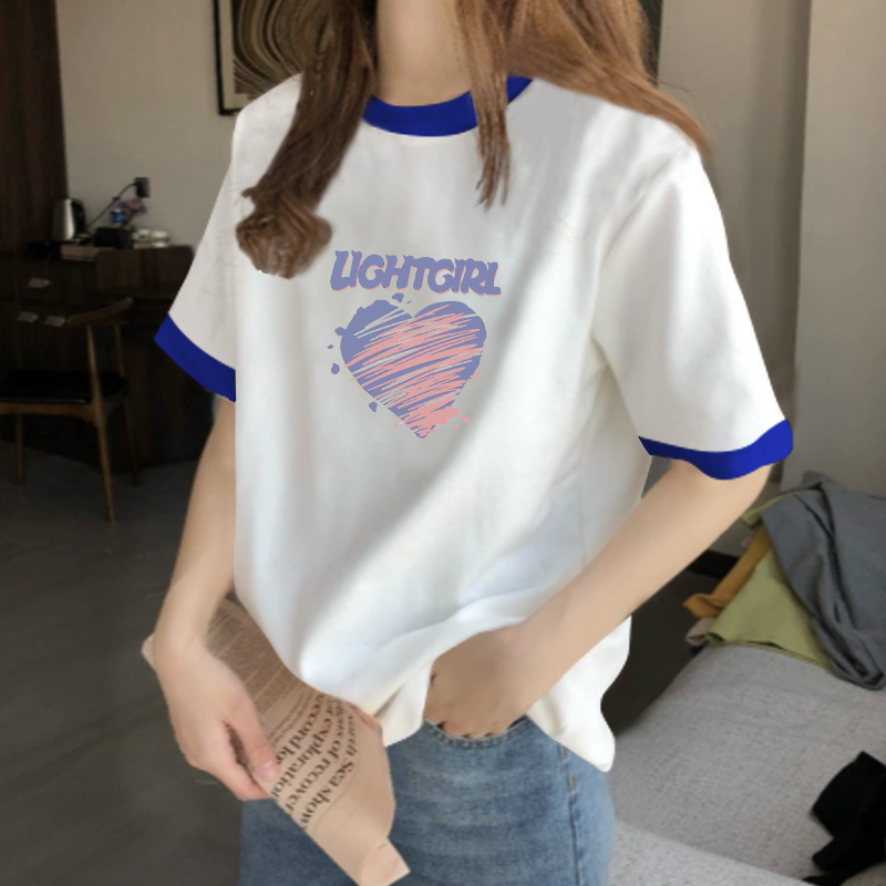 速发设5感小众撞色圆领t恤202计年新款洋气爱心印花上衣
