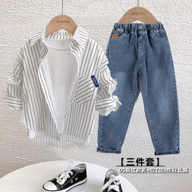 男童春秋长袖衬衫套装儿童洋气新款中大童时尚休闲帅牛仔裤三件套
