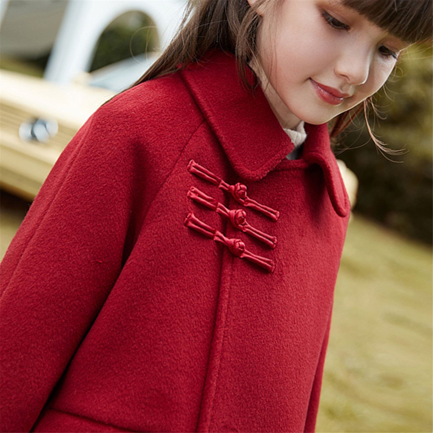 女童中长款中国风红色毛呢大衣儿童秋冬装洋气中大童呢子风衣外套