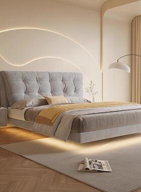 现代奶床油风科技布新Q76MM6MS奢悬浮床简约轻双人床云朵主卧软包