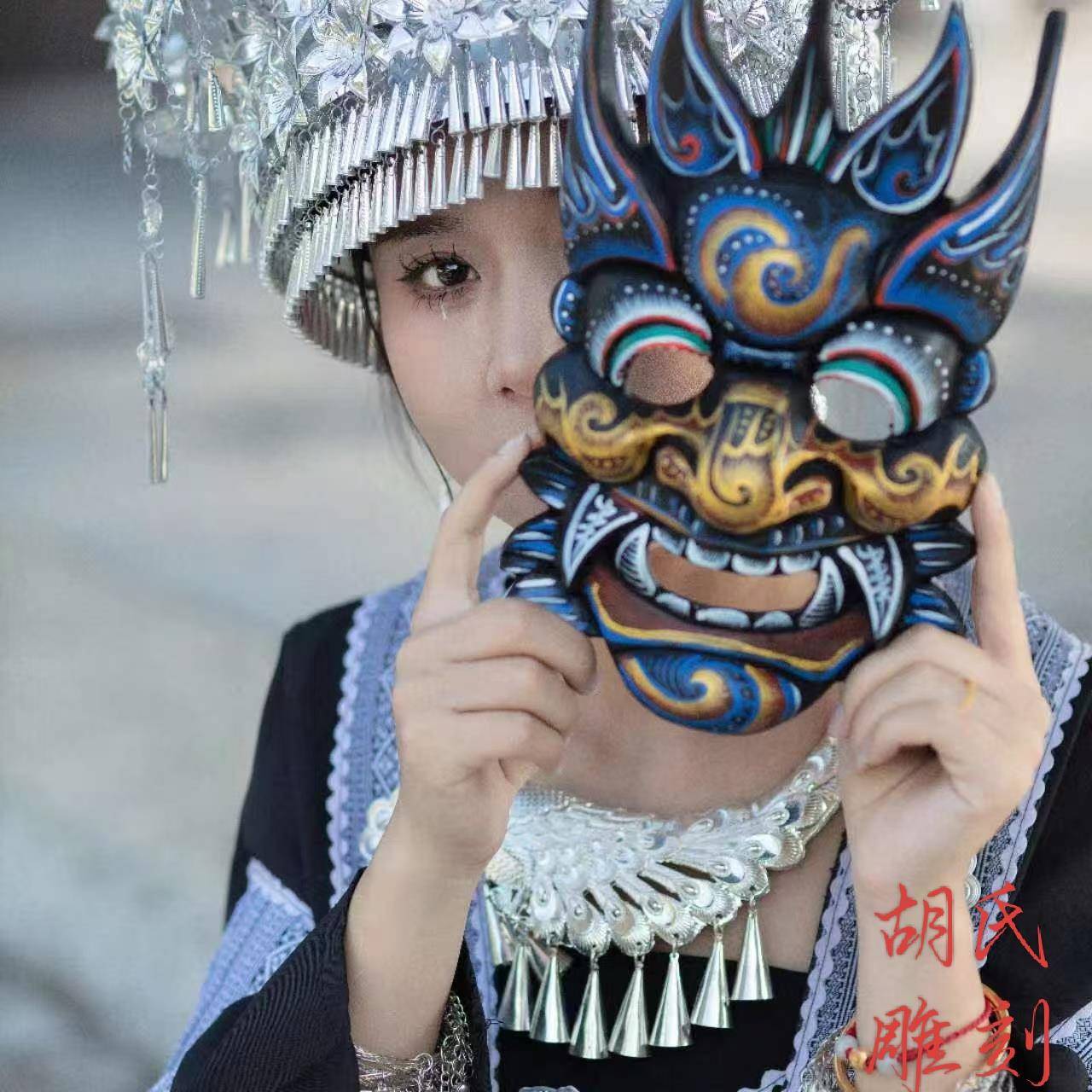 傩戏面具彩画 画面具装饰舞台道具表演人脸佩戴纯手工雕刻25*15