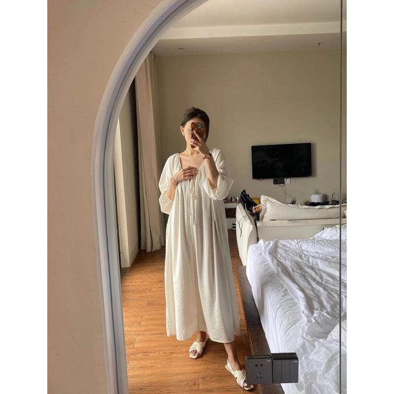 小众设计感V领连衣裙睡裙女夏季新款森系茶歇褶皱大码家居服裙子