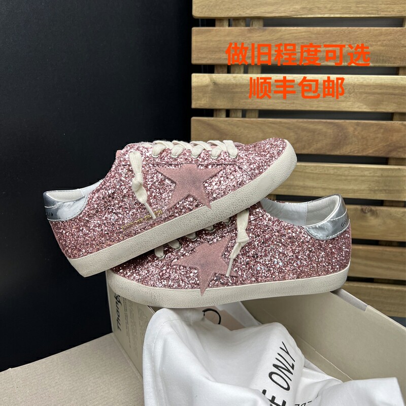 实图拍摄 韩版做旧星星小脏鞋女亮片粉色内时尚增高系带脏脏板鞋