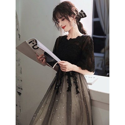 大码小晚礼服裙子女气质宴会胖mm遮肚黑J色显瘦平时可穿年会中长