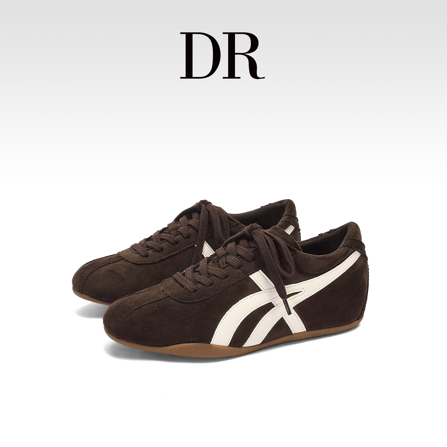 棕色真皮内增高时髦平底德训鞋