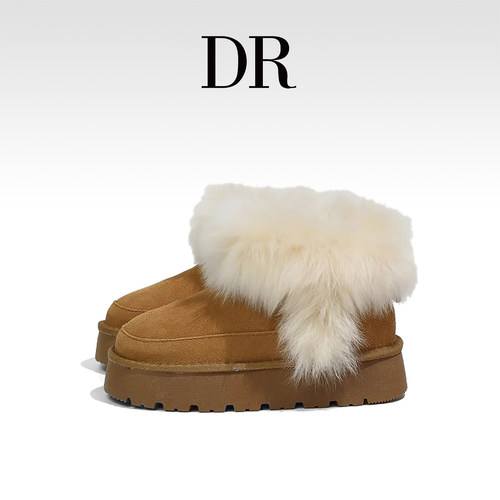 加绒防滑翻边雪地靴真皮毛毛鞋