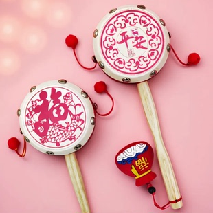 婴儿拨浪鼓可啃咬传统老式手工羊皮鼓面六月以上手臂健身宝宝玩具