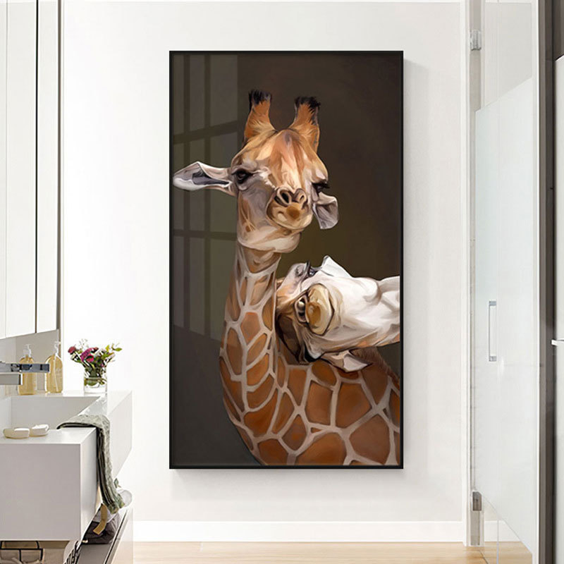 现代简约玄关竖版装饰画长颈鹿温馨动物壁画走廊过道卧室餐厅挂画图片