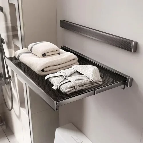 德国浴室折叠伸缩置物架免打孔卫生间放衣服毛巾浴巾隐形收纳挂架