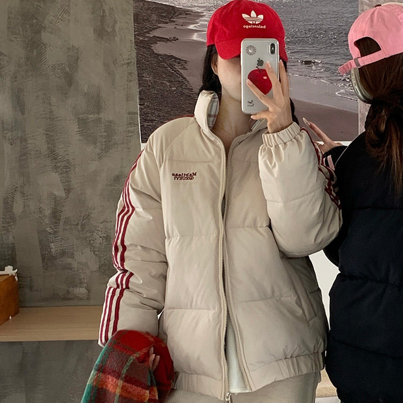 实拍麻瓜织带条纹棉服男女款冬季加厚情侣格子拼接棉衣立领面包服