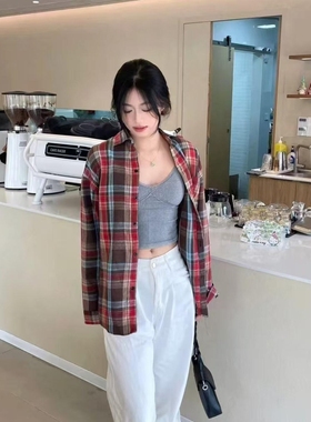 美拉德覆古格子撞色长袖衬衫女春秋宽松外穿设计感小众潮牌外套