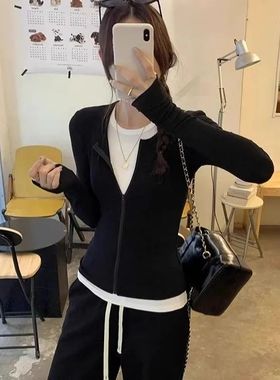 设计感小众秋季新款辣妹修身显瘦假两件拼接撞色拉链长袖t恤上衣