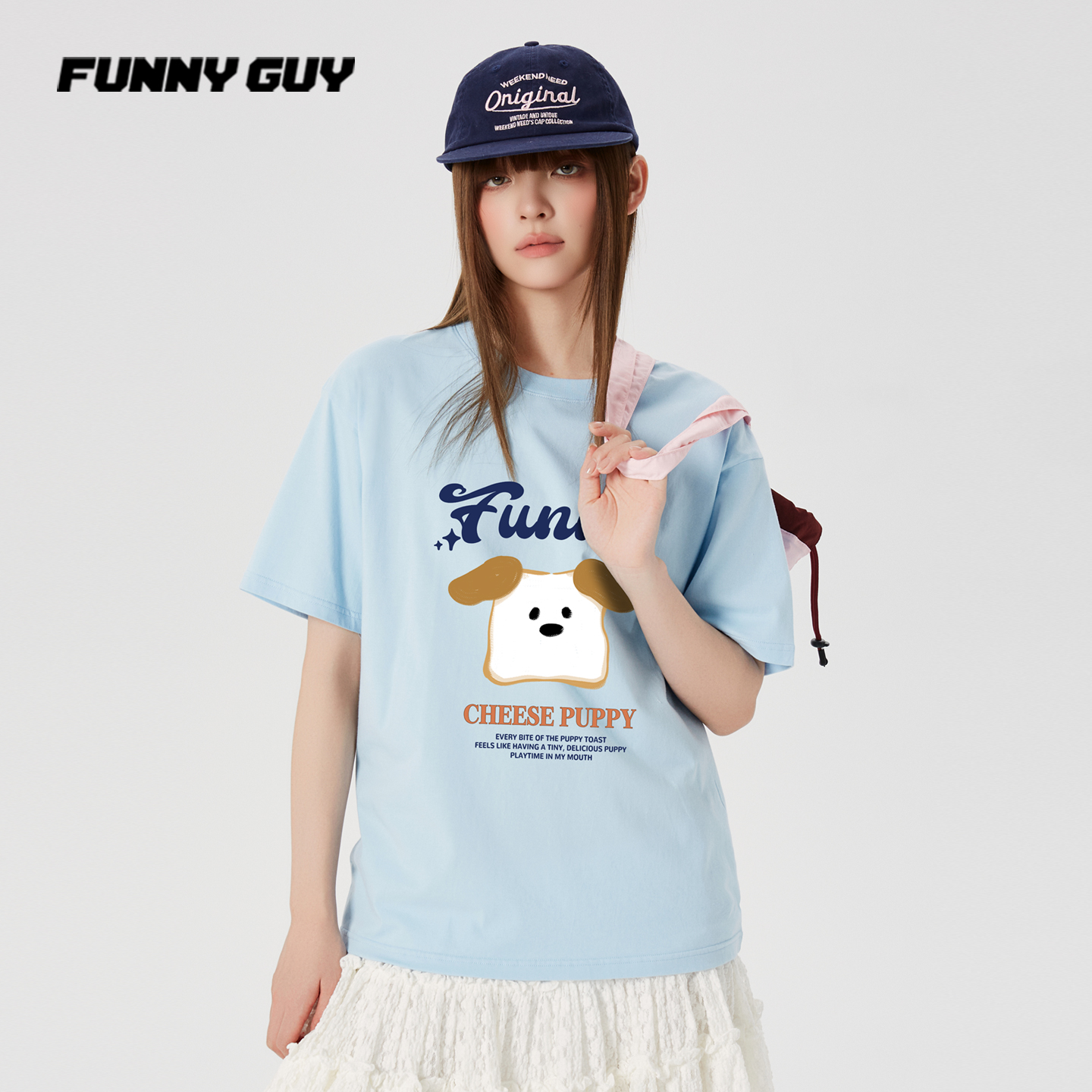 FUNNY GUY美式潮牌趣味面包狗印花2025新男女情侣蓝色宽松短袖T恤