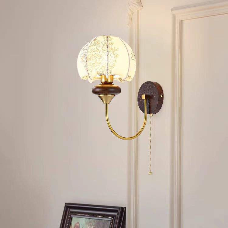 法式中古壁灯卧室床头灯美式复古花纹布艺客厅实木带拉线开关灯具
