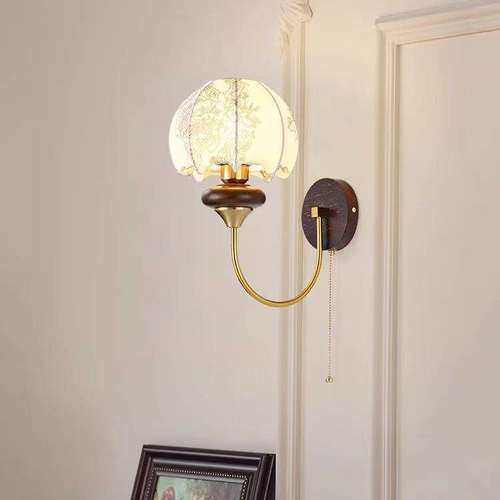 法式中古壁灯卧室床头灯美式复古花纹布艺客厅实木带拉线开关灯具