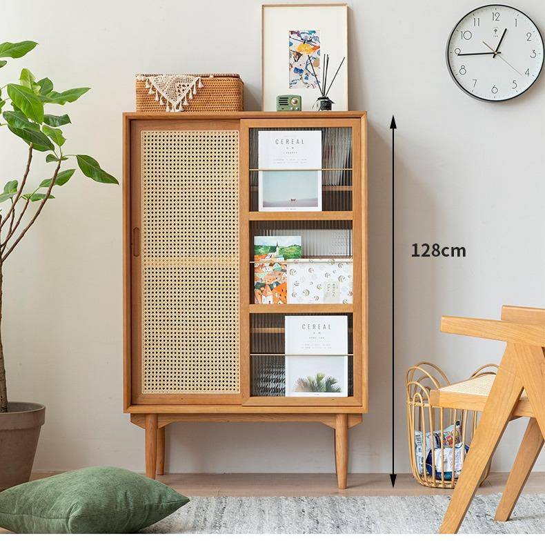 北欧实木藤编书柜现代简约奶茶店杂志柜小户型家用收纳储物柜