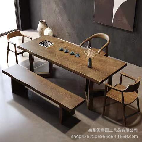 新中式客厅原木阳台泡茶桌子实木复古喝茶桌椅组合胡桃色大板茶台