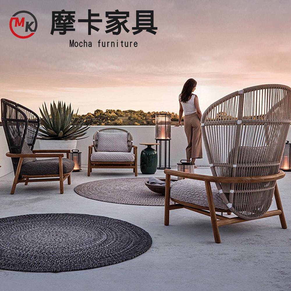 户外沙发庭院阳台懒人设计实木别墅室外藤编花园家具组合防晒藤椅