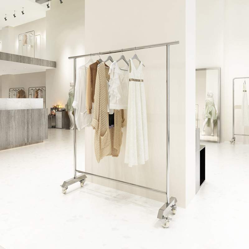 服装店展示架不锈钢拉丝落地挂衣杆带轮子可移动陈列架子衣服货架