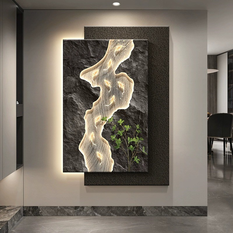 入户玄关装饰画九鱼图轻奢高级感走廊客厅过道挂画立体感肌理壁画