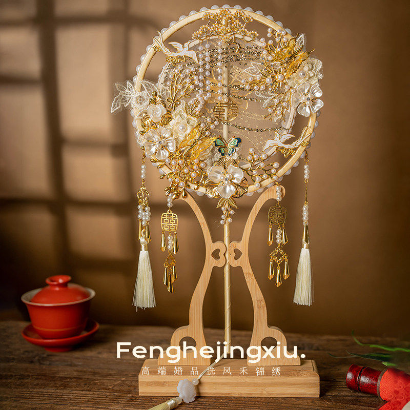 团扇婚礼新娘结婚秀禾金色成品中式透明喜扇手工diy材料包扇子,家居饰品,工艺扇/团扇/喜扇/折扇,淘宝优惠券,粉丝福利购,淘宝优惠卷