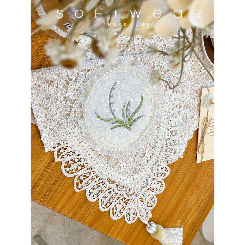 韩式法式田园白色蕾丝双层桌布桌旗复古流苏装饰巾斗柜盖布茶几旗