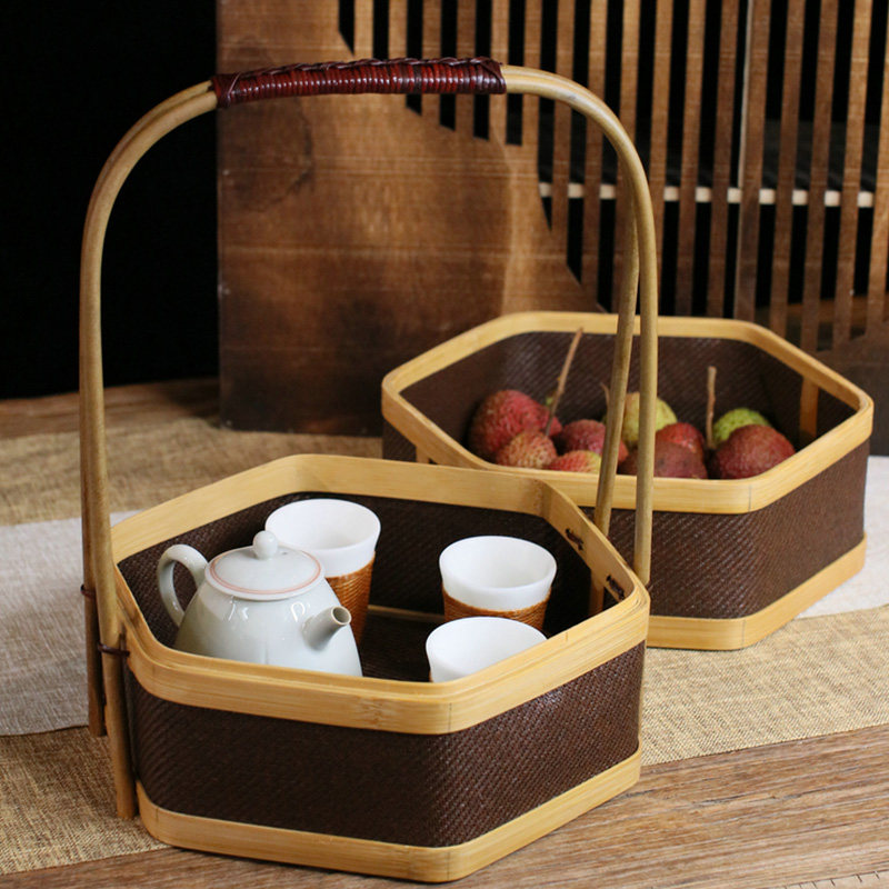 大漆竹编藤编提篮双层食盒茶点盘A茶具月饼点心篮子筐子收纳筐盒