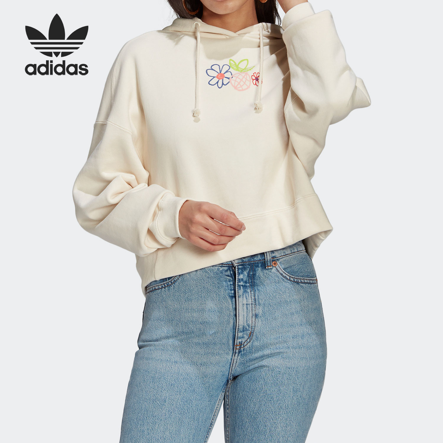 Adidas/阿迪达斯正品三叶草女子印花短款卫衣套头衫 GP3495