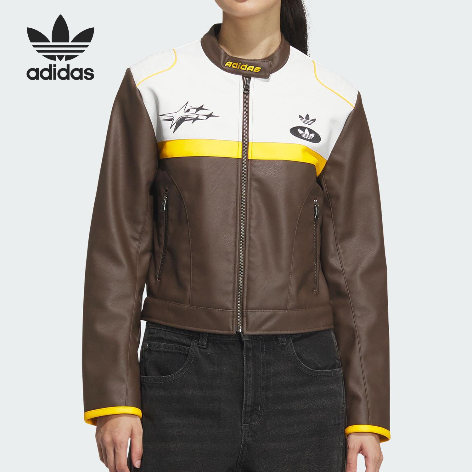 Adidas/阿迪达斯正品三叶草仿皮女士机车服赛车服外套JM8024