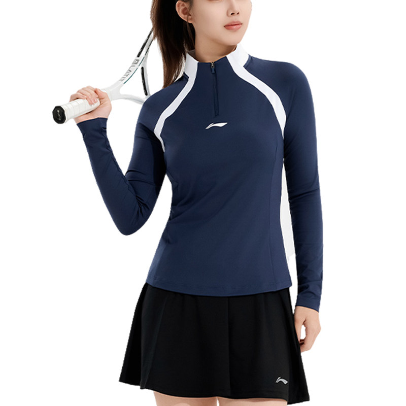 李宁正品女子网球系列袖时尚简约半拉链紧身长袖T恤ATLV204-2
