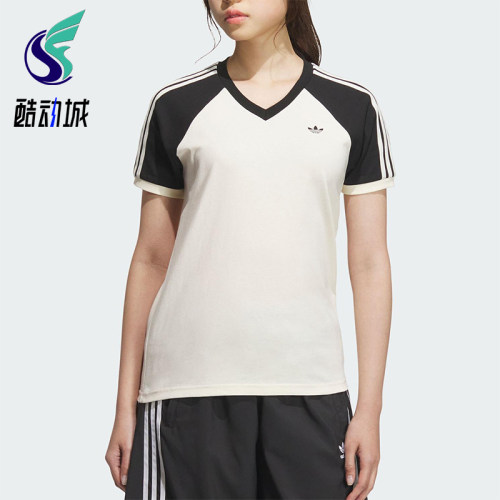 Adidas/阿迪达斯正品三叶草女士V领日常拼接透气休闲短袖KF0316