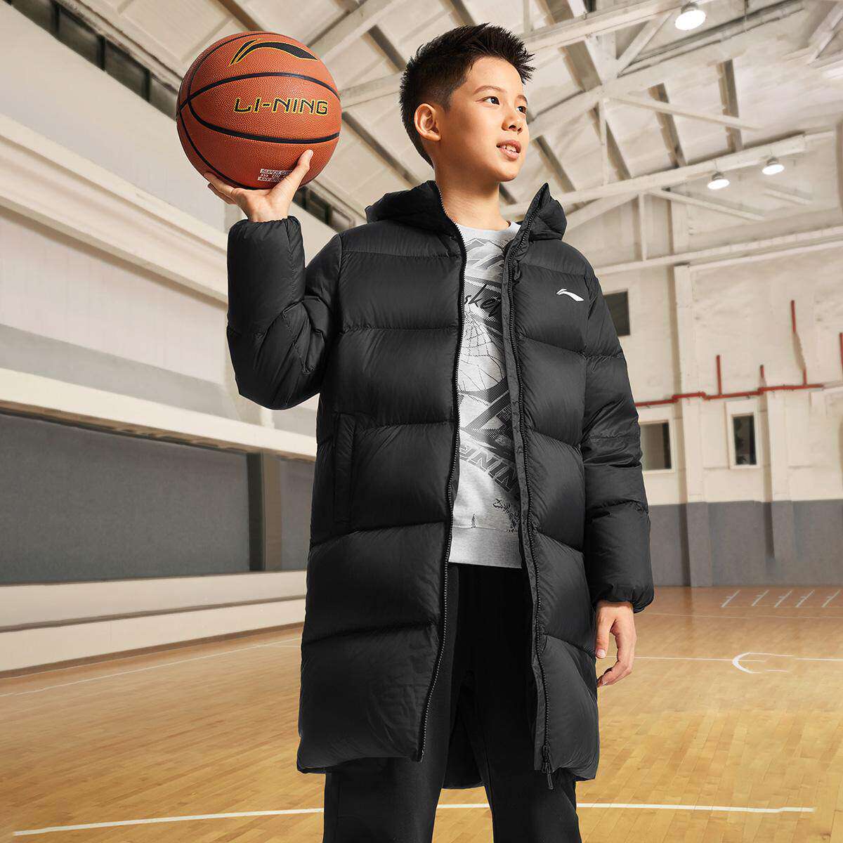 李宁正品篮球系列男女大童防泼水保暖宽松运动连帽羽绒服YYMV143