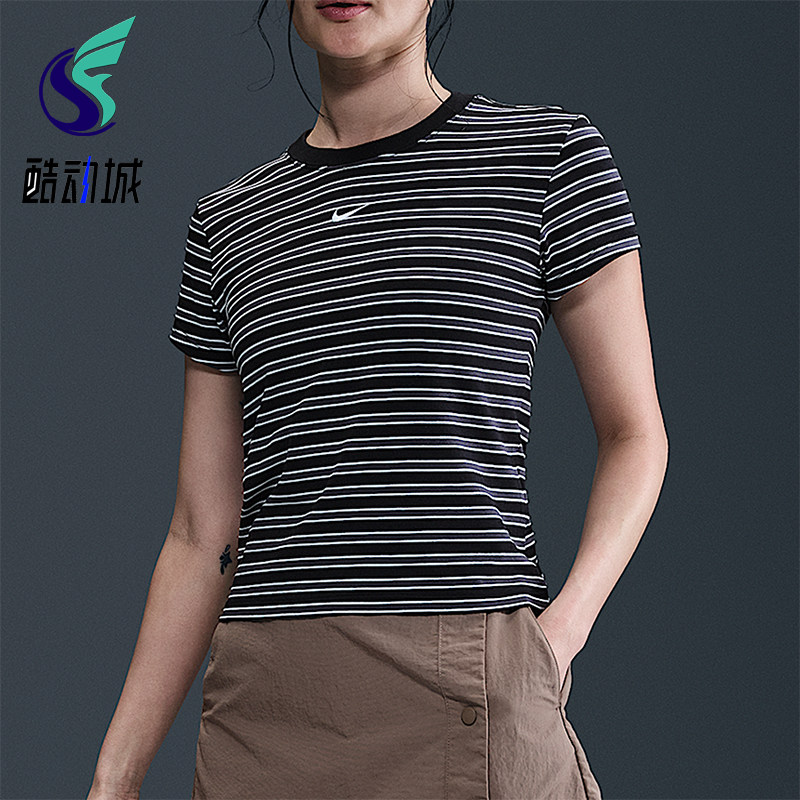 Nike/耐克正品2025女士舒适条纹休闲圆领透气日常T恤HF9525-010 - 实物图