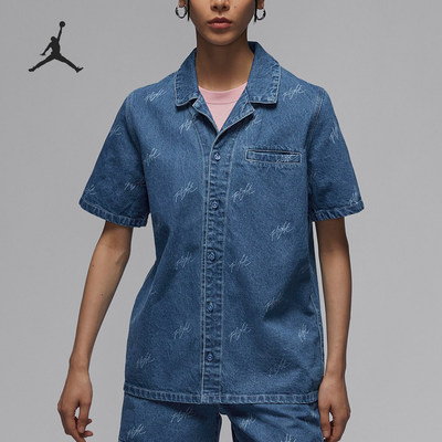 Nike/耐克正品JORDAN女士梭织翻领牛仔短袖上衣FN5770-453