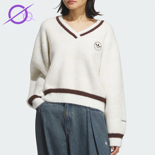 Adidas/阿迪达斯正品三叶草女士休闲V领复古针织耐穿套头衫KC2687